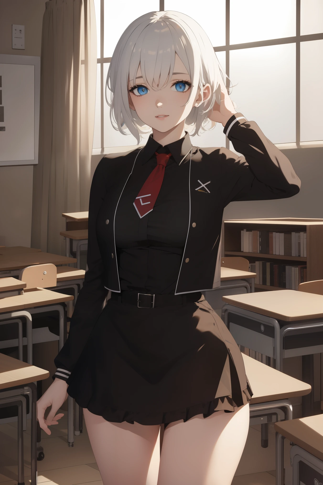 white hair, blue eyes, x hair ornament,
BREAK (school uniform, shirt, skirt, jacket, necktie:1.2),
BREAK folds hands behind head,open legs,
BREAK indoors, classroom,
BREAK (masterpiece:1.2), best quality, high resolution, unity 8k wallpaper, (illustration:0.8), (beautiful detailed eyes:1.6), extremely detailed face, perfect lighting, extremely detailed CG, (perfect hands, perfect anatomy),