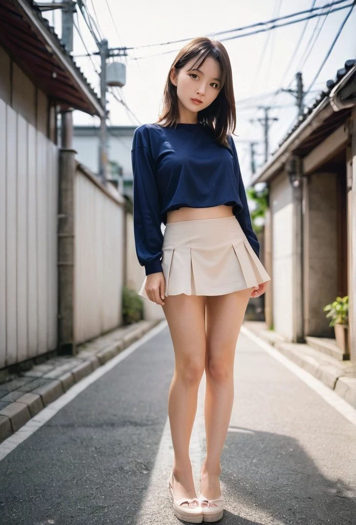 Top quality, 8K, no makeup, masterpiece, ultra-high resolution, photorealistic, photorealistic, 25-year-old girl, idol sculpture, national beautiful girl, cute girl, thin waist, round eyes, smile, delicate face, beautiful skin , walking in a big city, streets of tokyo, buildings,  (short sleeve blouse),  white mini skirt, (lifting the skirt:1.3), (showing lace panties),((full body shot:1.3)), (high heels), (from below)