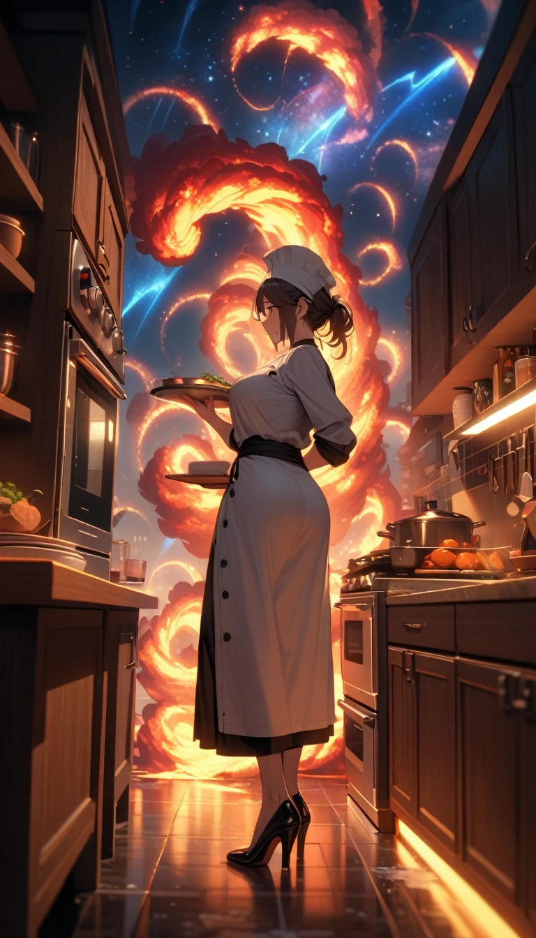((best quality)) , ((masterpiece)) , (detailed)，1 female，(starry tornado:1.4), starry Nebula, beautiful detailed sky，((kitchen))，Female chef，High heel，((whole body))