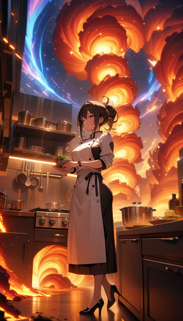 ((best quality)) , ((masterpiece)) , (detailed)，1 female，(starry tornado:1.4), starry Nebula, beautiful detailed sky，((kitchen))，Female chef，High heel，((whole body))