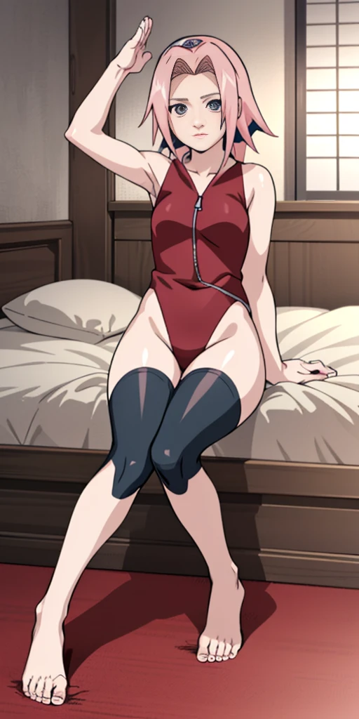 Sakura Haruno from Naruto, pink short hair, beautiful woman sitting on bed, anime style, 1girlsitting, barefeet together, raise arms, armored leotard full body