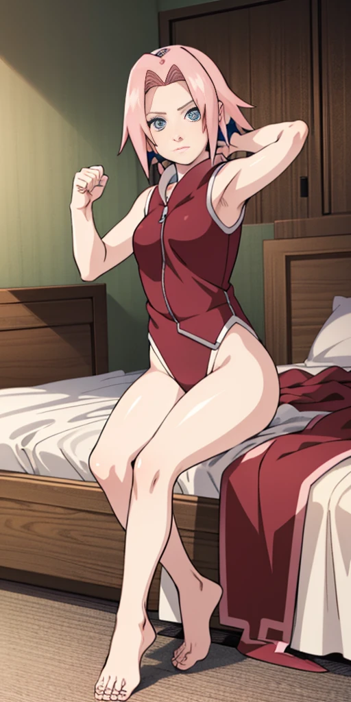 Sakura Haruno from Naruto, pink short hair, beautiful woman sitting on bed, anime style, 1girlsitting, barefeet together, raise arms, armored leotard full body