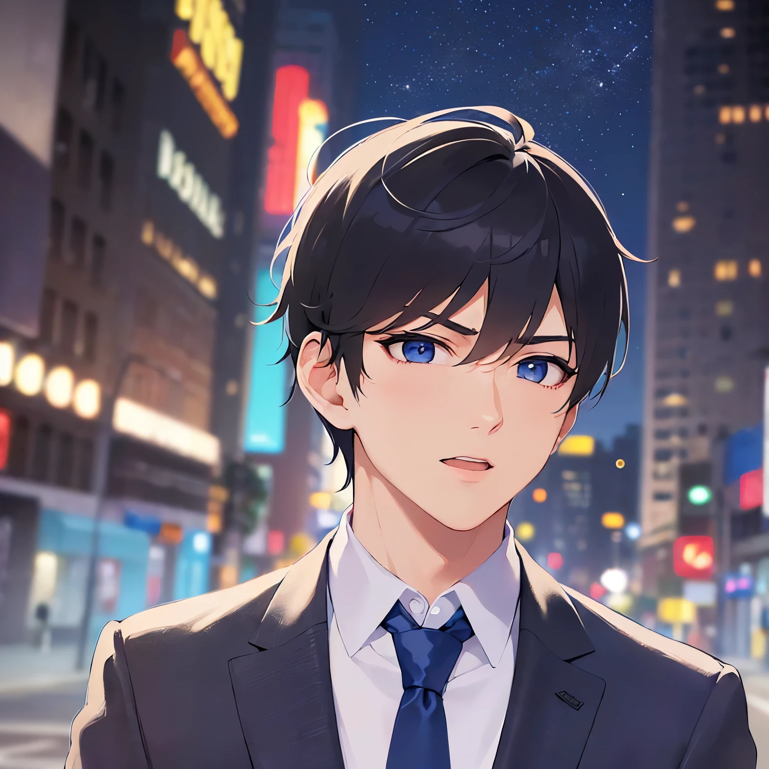 masterpiece、Highest quality、 (25-year-old male:1.5) and(Black short hair) and (blue eyes), (suit:1.5) and (Blue tie）(suit:1.5) and (Blue tie）、 eyes widen、blush,Serious,open mouth,The background is the city at night,(Night Sky：1.5)