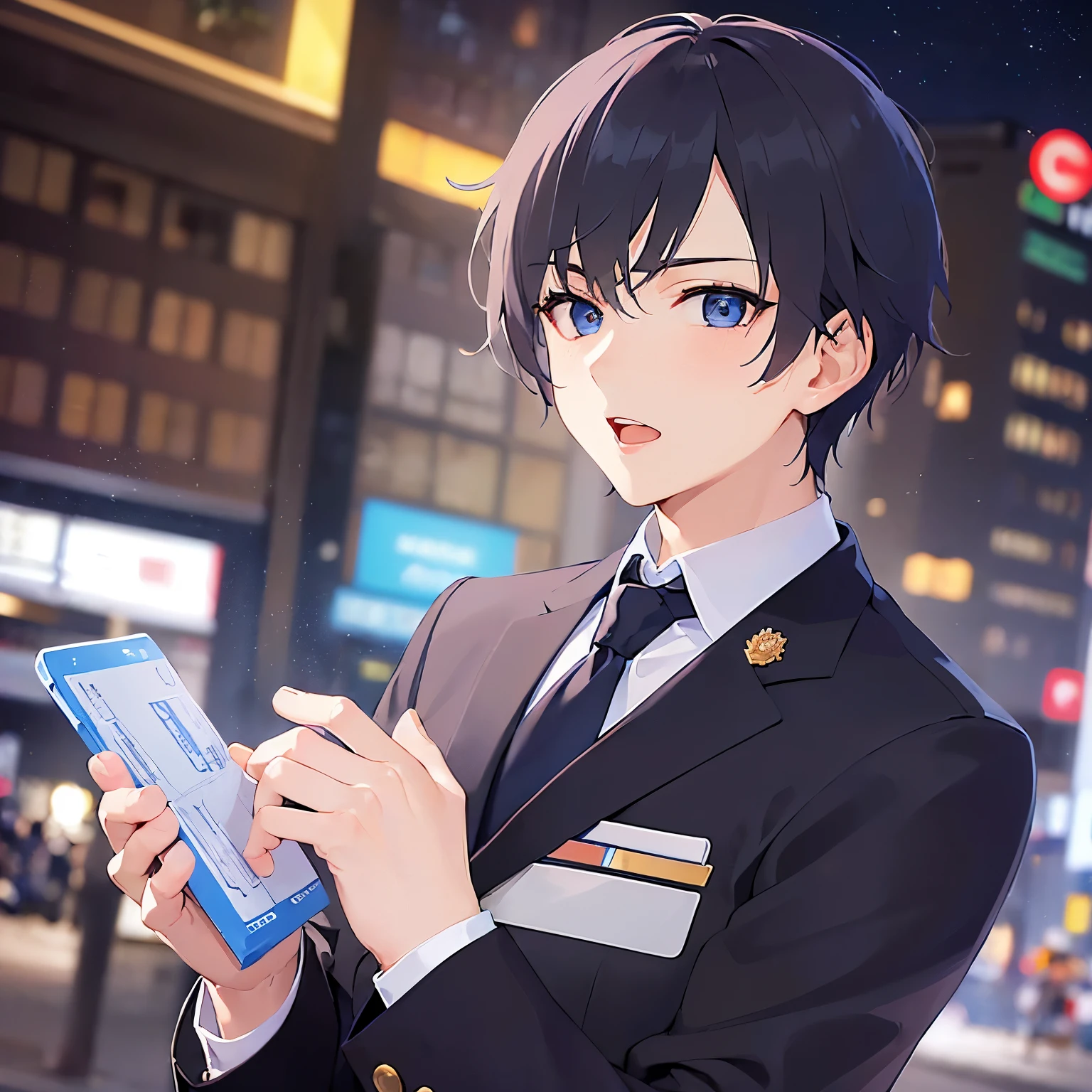 masterpiece、Highest quality、 (25-year-old male:1.5) and(Black short hair) and (blue eyes), (suit:1.5) and (Blue tie)(suit:1.5) and (Blue tie)、 eyes widen、blush,Serious,open mouth,The background is the city at night,(Night Sky:1.5)