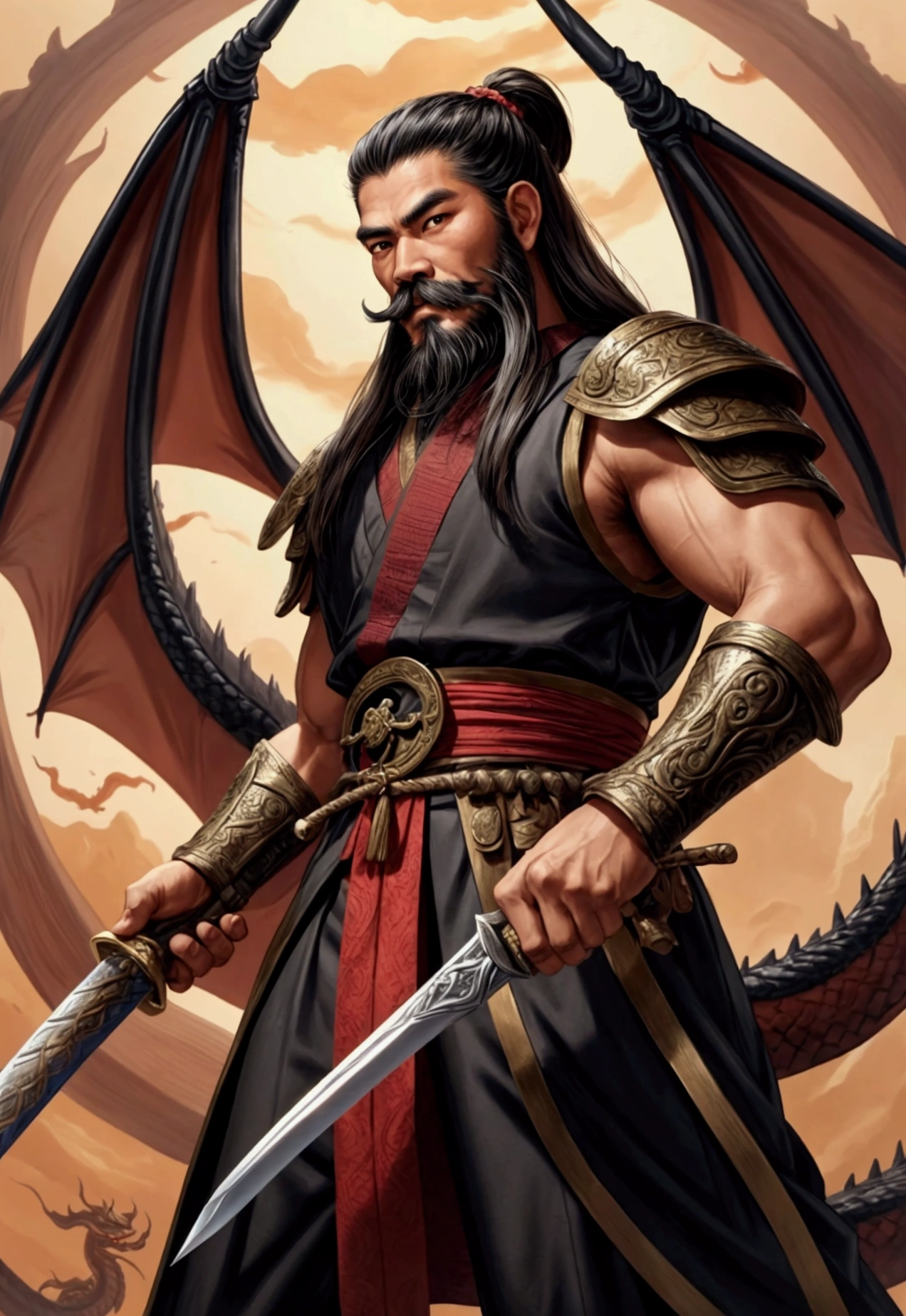 Close-up of Quan Van Truong of the Three Kingdoms period with long beard and mustache, holding a dragon sword, standing among enemies, head held high