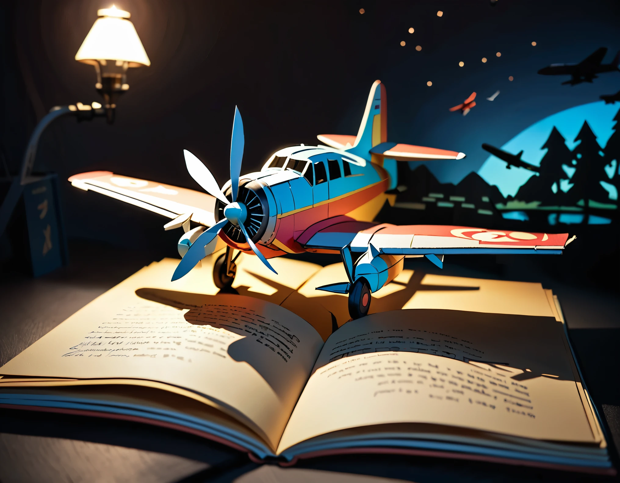 (masterpiece:1.2, Highest quality,Highest quality,Super detailed),(Very detailed),8k,(Airplane pop-up book:1.5),(Cinema Lighting),(Written boundary depth),(Sophisticated lighting:1.2),(Chiaroscuro),(Origami art)