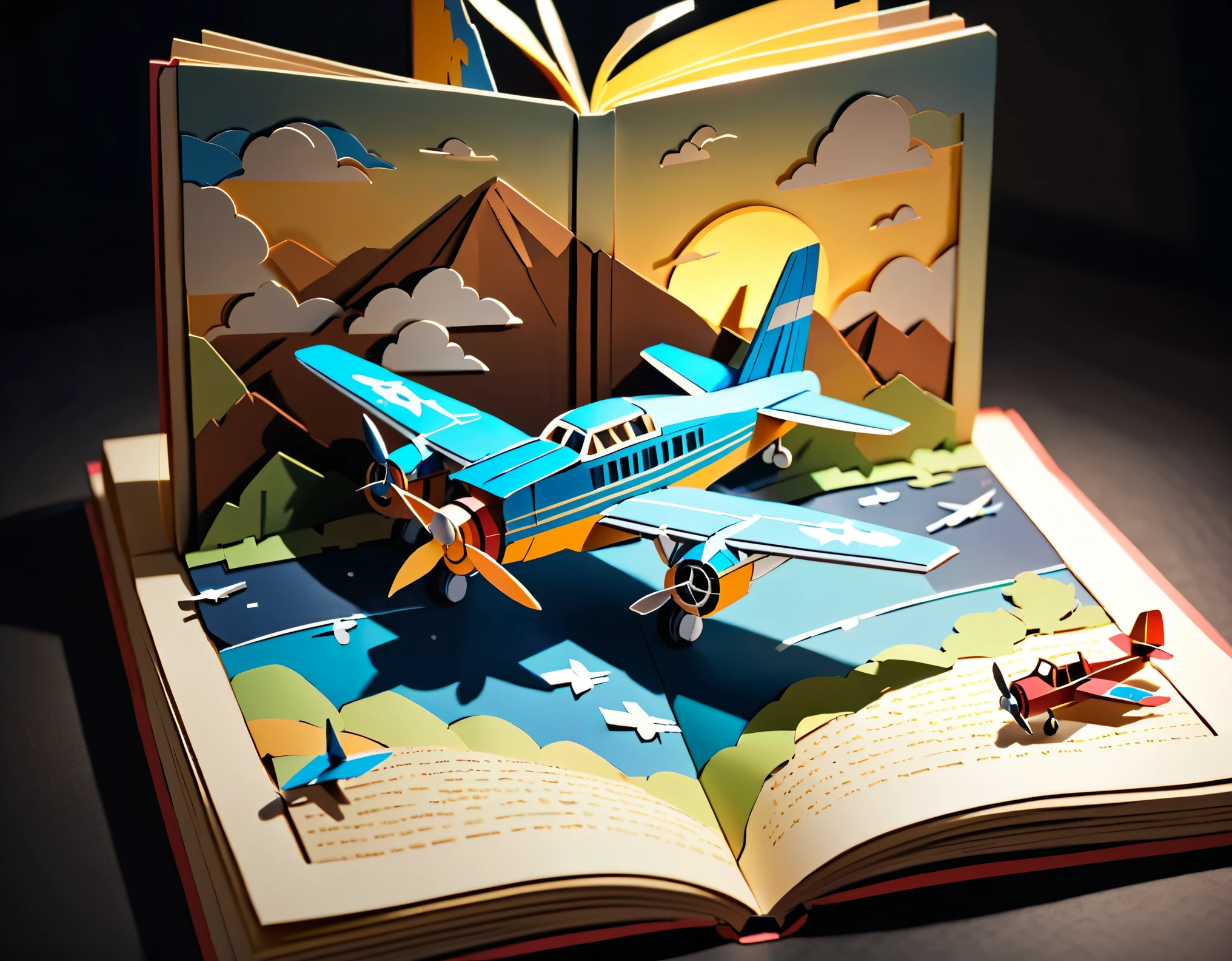 (masterpiece:1.2, Highest quality,Highest quality,Super detailed),(Very detailed),8k,(Airplane pop-up book:1.5),(Cinema Lighting),(Written boundary depth),(Sophisticated lighting:1.2),(Chiaroscuro),(Origami art)
