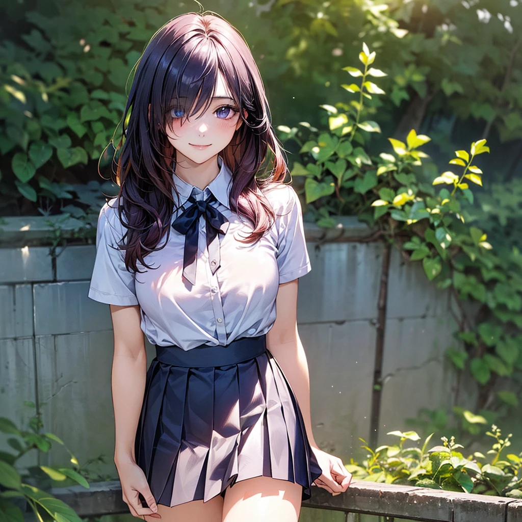 (masterpiece:1.2, top-quality), (realistic, photorealistic:1.4), beautiful illustration, (natural side lighting, movie lighting), nsfw,
looking at viewer, face focus, upper body, 1 girl, japanese, high school girl, perfect face, cute and symmetrical face, shiny skin,
(long hair:1.5, straight hair:1.4, dark purple hair), hair over one eye, dark purple, long eye lasher, (large breasts, seductive thighs, big ass), nipple hardening, slender,
beautiful hair, beautiful face, beautiful detailed eyes, beautiful clavicle, beautiful body, beautiful chest, beautiful thigh, beautiful legs, beautiful fingers,
((detailed cloth texture, short sleeves white collared shirts, navy pleated mini skirt), black tie),
(beautiful scenery), evening, blackboard, standing, (lovely smile, upper eyes),