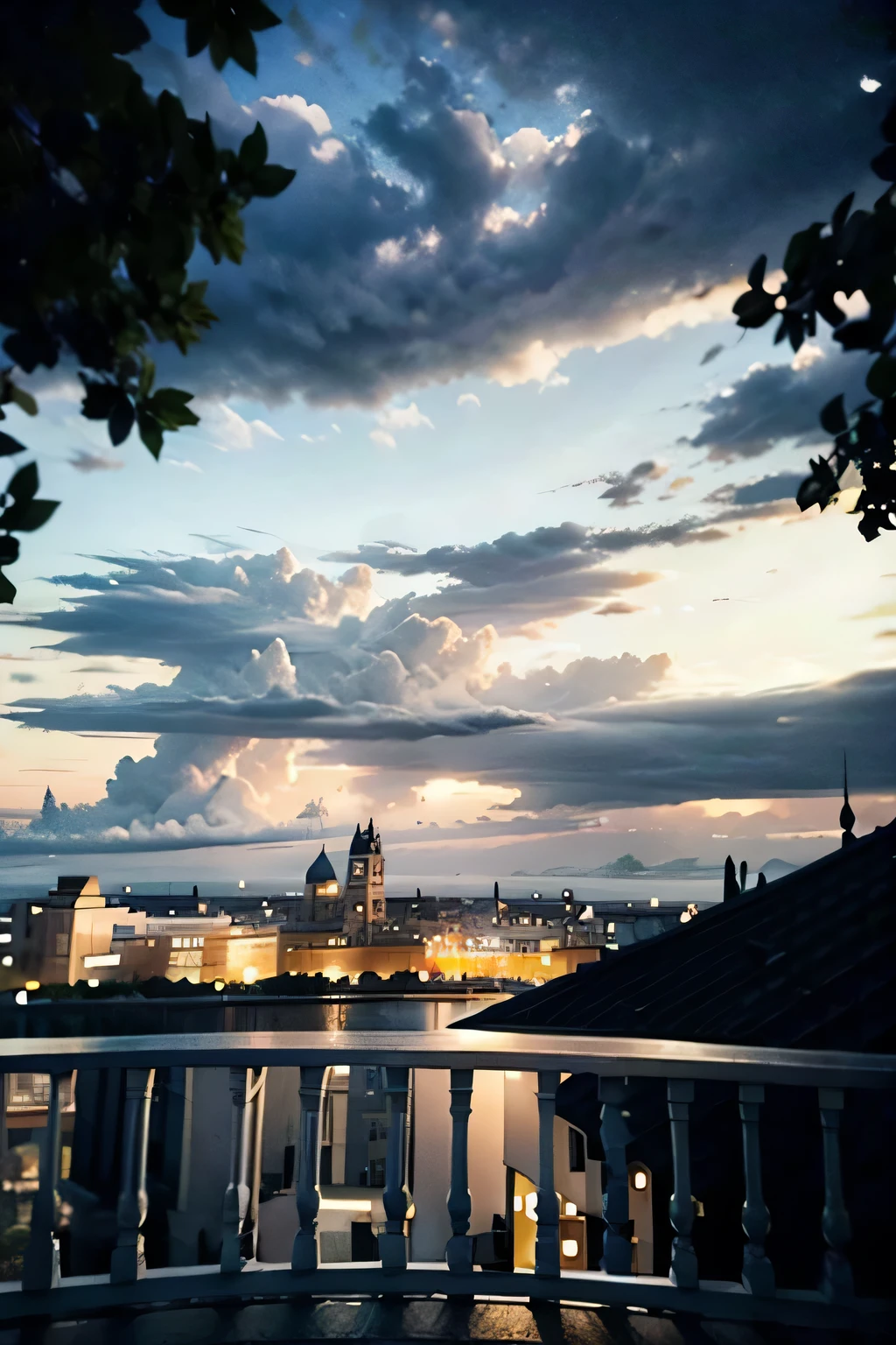 Make the field of view a white balcony with a Gothic and Victorian style railing overlooking the vast garden and the 17th century OLD town in the background and in the distance, The weather must be gray and cloudy, with rays and orange vegetation around. DETAIL LIKE AN RPG AND THE WEATHER MUST BE CLOUDY AND GRAY SKY
