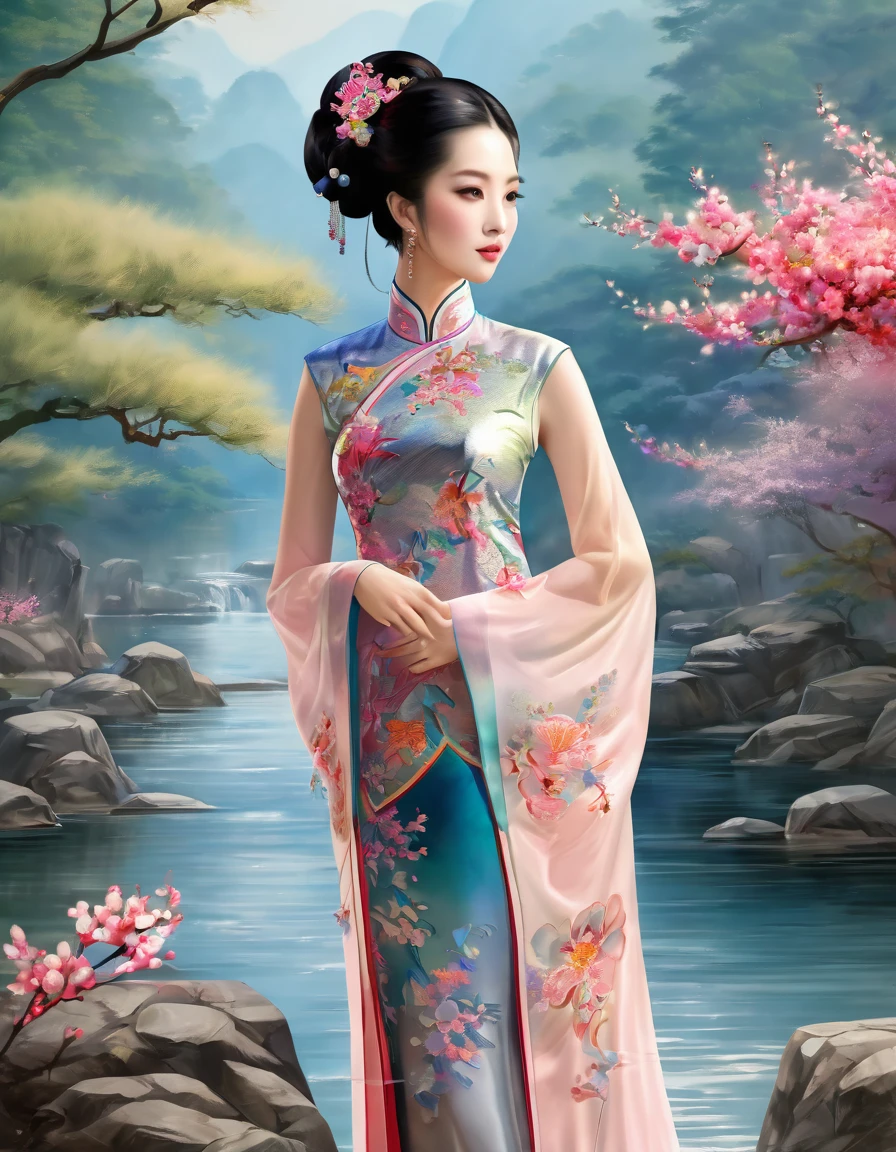 fusion of watercolors and oil paintings, fusion of paper cutting and shadow puppetry, best quality, incredibly absurdres, extremely detailed, 2.5D, delicate and dynamic, beautiful woman wearing iridescent gradient sleeved cheongsam features intricate and luxurious embroidery, standing by a river, intelligent cool beauty, captivating look, tight up hair, shiny satin fabric, accessories, superlative body proportion, gorgeous and gorgeous effects, background aristocratic social setting, reminiscent of Mei Qing's style, with the elegance of Sheng Maoye's artwork, the grace of a Chinese girl as depicted by Qiu Ying, and the artistic touch of Ju Lian, all while capturing the essence of Sheng Lam's style, and drawing inspiration from Liu Jue and Jiao Bingzhen's traditional Chinese paintings.