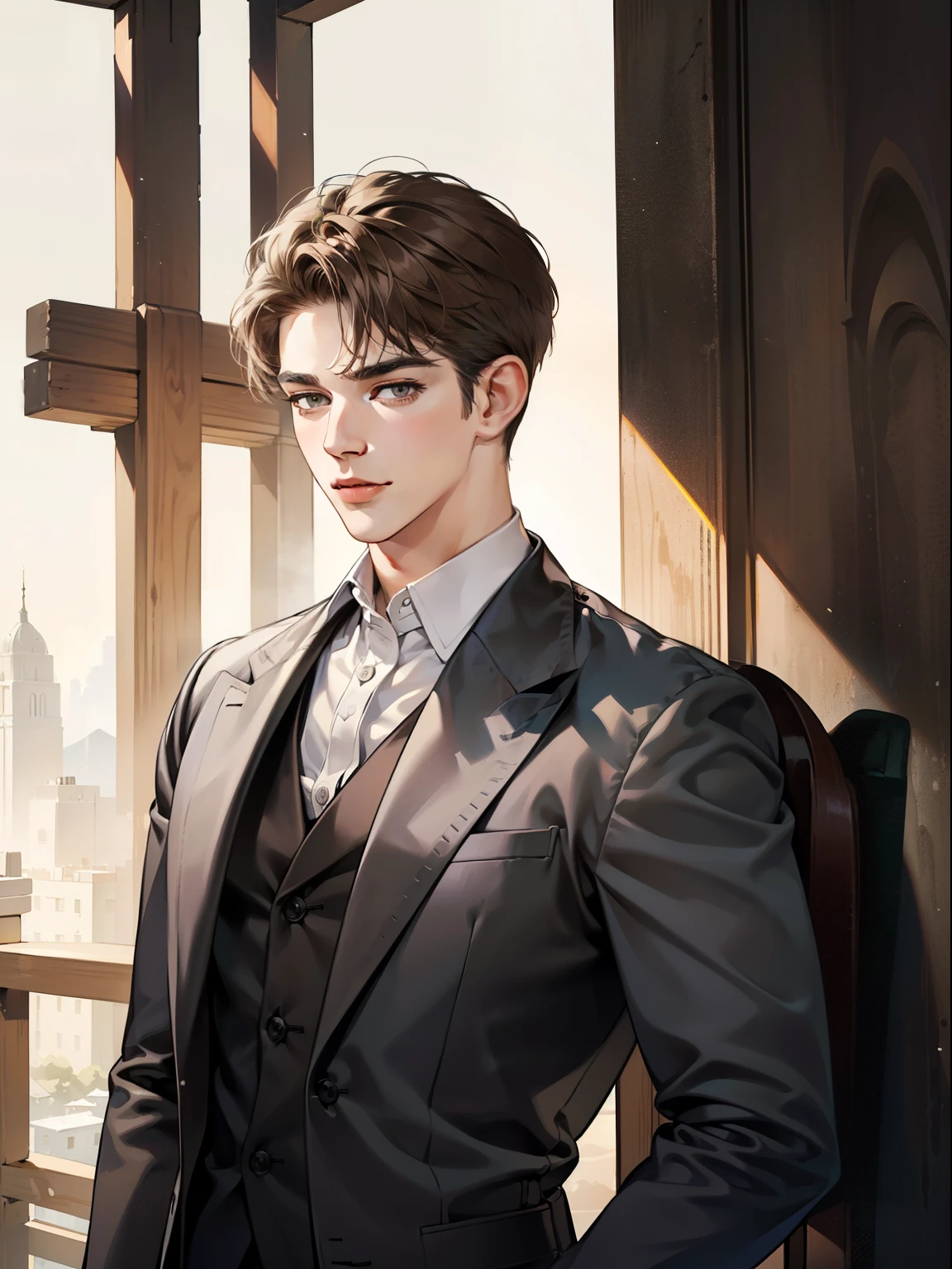 masterpiece, best quality, realistic, 1man, mature male, quiet and charming young man, 25 year old, serious look, closed mouth, portrait, extremely detailed face, cold smile, ((dark grey eyes)), ((short-right-swept dark brown hair)), [thick eyebrows], ((suit)), handsome, full body, western, Jewish, light brown skin,