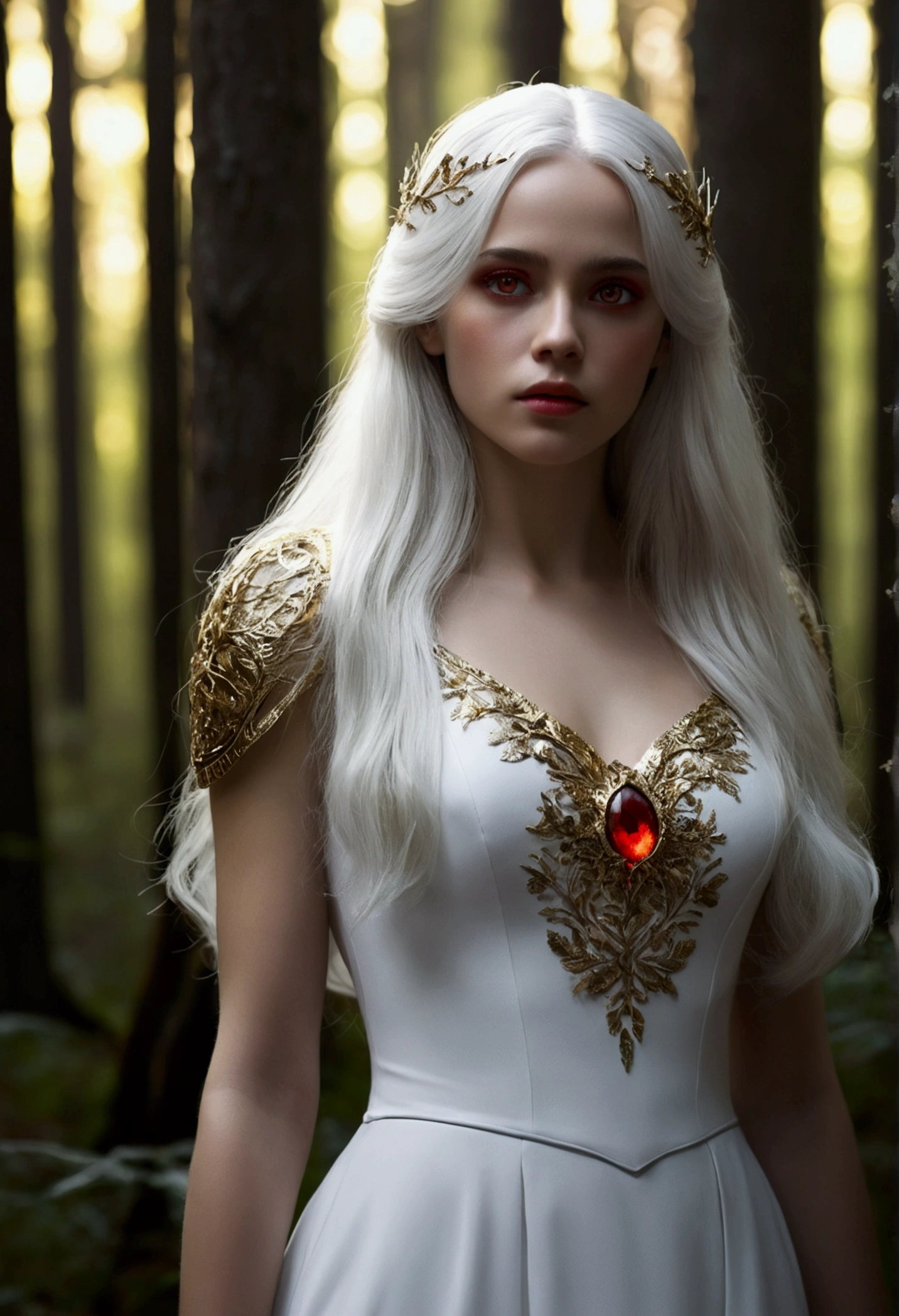 A spectacular girl with long white hair., White skin, and red eyes, In a forest with cinematic lighting., dark and dimly lit. She wears a white dress with gold tones., His eyes focused, looking at the viewer. His skin is clear, her delicate and impeccable face, A masterpiece, a work of art of the highest quality. The image is an incredibly detailed 8K CG wallpaper., with artistic cinematic lighting and cinematic tones with a neutral filter.