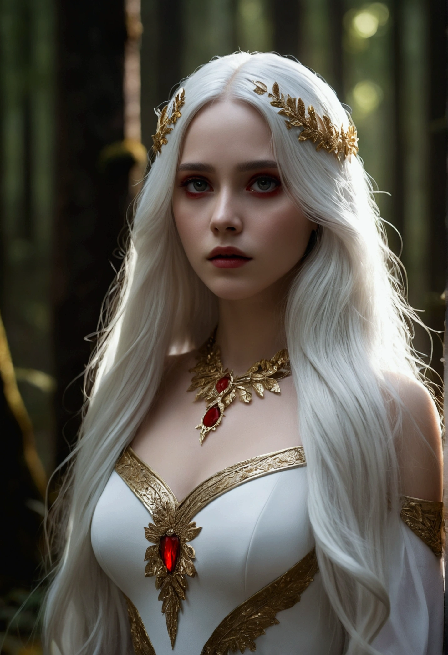 A spectacular girl with long white hair., White skin, and red eyes, In a forest with cinematic lighting., dark and dimly lit. She wears a white dress with gold tones., His eyes focused, looking at the viewer. His skin is clear, her delicate and impeccable face, A masterpiece, a work of art of the highest quality. The image is an incredibly detailed 8K CG wallpaper., with artistic cinematic lighting and cinematic tones with a neutral filter.