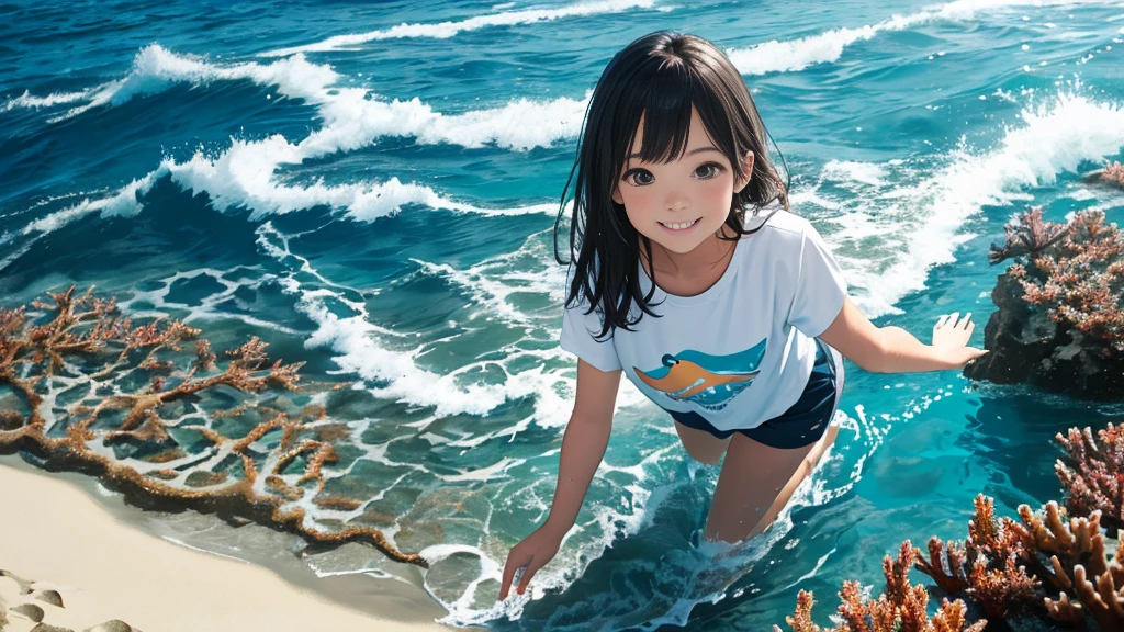 {best quality}, {very aesthetic}, {ultra-detailed}, {8k}, {Super elaborate face}, {Super-smart body}, {best illustration}, Mature face, 20-year-old, swim under the sea, (In the water), A woman playing with a dolphin on the ocean floor in midsummer, Ocean floor at dusk, smile, Super-detailed dolphin, 夕日が刺し込むIn the water, T-Shirts, Sand on the seabed, Soft Light, Coral Reef, full body view, flat chest,