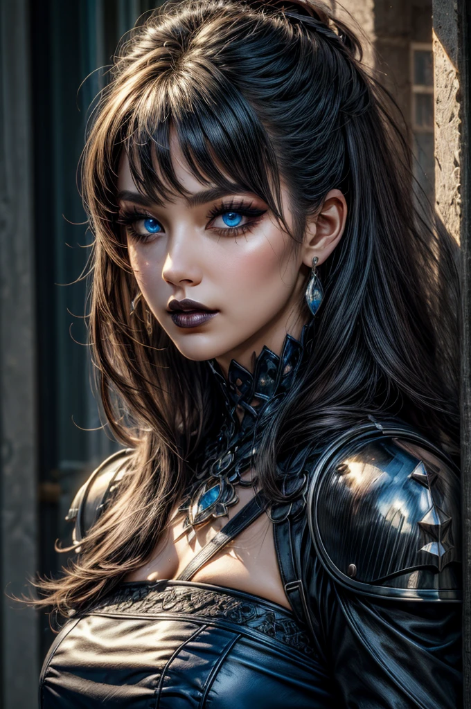 ((masterpiece, best quality, highres, realistic, best quality,)) Perfect Face, (detailed face), score_9, score_8_up, score_7_up, score_6_up, score_5_up, score_4_up, 1girl, gothicstyle, very long hair, gothic body armor, no bra, exposed breasts, goth accessories, goth makeup, beautiful eyes, bright colors, high contrast, vivid lighting, rating_safe, BREAK, sapphire blue eyes,