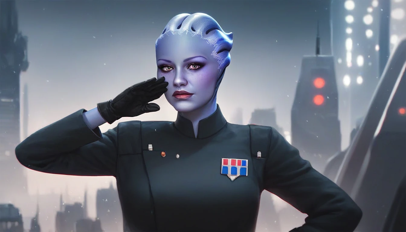 1girl, asari woman, pale blue skin, all black Imperial officer uniform, black gloves, (saluting:1.5), standing, looking at viewer, best quality, masterpiece, star wars theme, city background