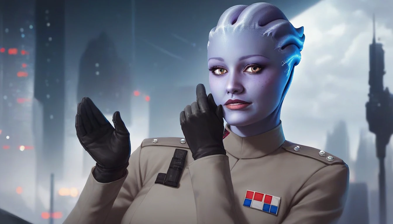 1girl, asari woman, pale blue skin, all black Imperial officer uniform, black gloves, (saluting:1.5), standing, looking at viewer, best quality, masterpiece, star wars theme, city background