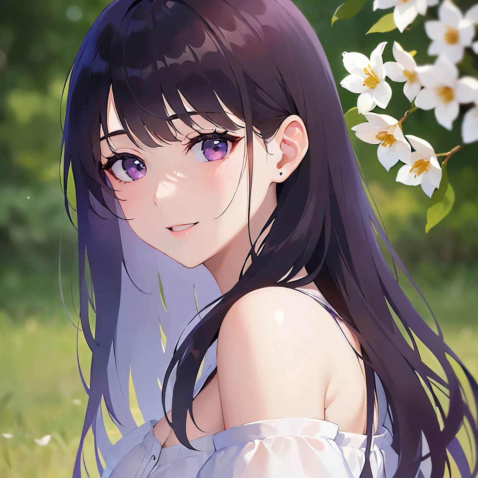 (looking at viewer:1.5),upper body,
Realistic, real person, (pale skin: 1.2), RAW photo, photorealistic, shiny skin, shiny hair、
(A 25-year-old woman with straight hair and bangs) and (medium hair) and (black hair) and (purple eyes) , 
(white) and (off shoulder blouse)、
blush,smile,The background is a park、Flower