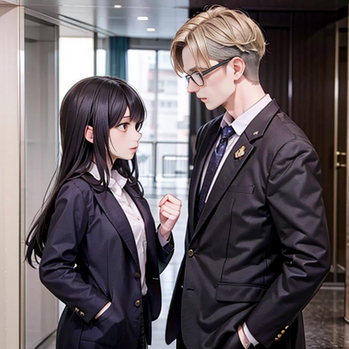 Anime style, FHD, a beautiful black-haired woman with black-framed glasses in neat work clothes without a tie is cornered against the wall. In front of the woman, there is a blond-haired man with a sinister smile, wearing a gray suit and white shirt, gripping the woman’s right hand forcefully. The woman’s facial expression looks very angry and reluctant.