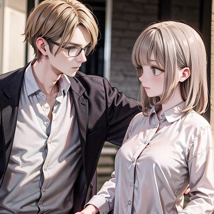 Anime style, FHD, a beautiful black-haired woman with black-framed glasses in neat work clothes without a tie is cornered against the wall. In front of the woman, there is a blond-haired man with a sinister smile, wearing a gray suit and white shirt, gripping the woman’s right hand forcefully. The woman’s facial expression looks very angry and reluctant.