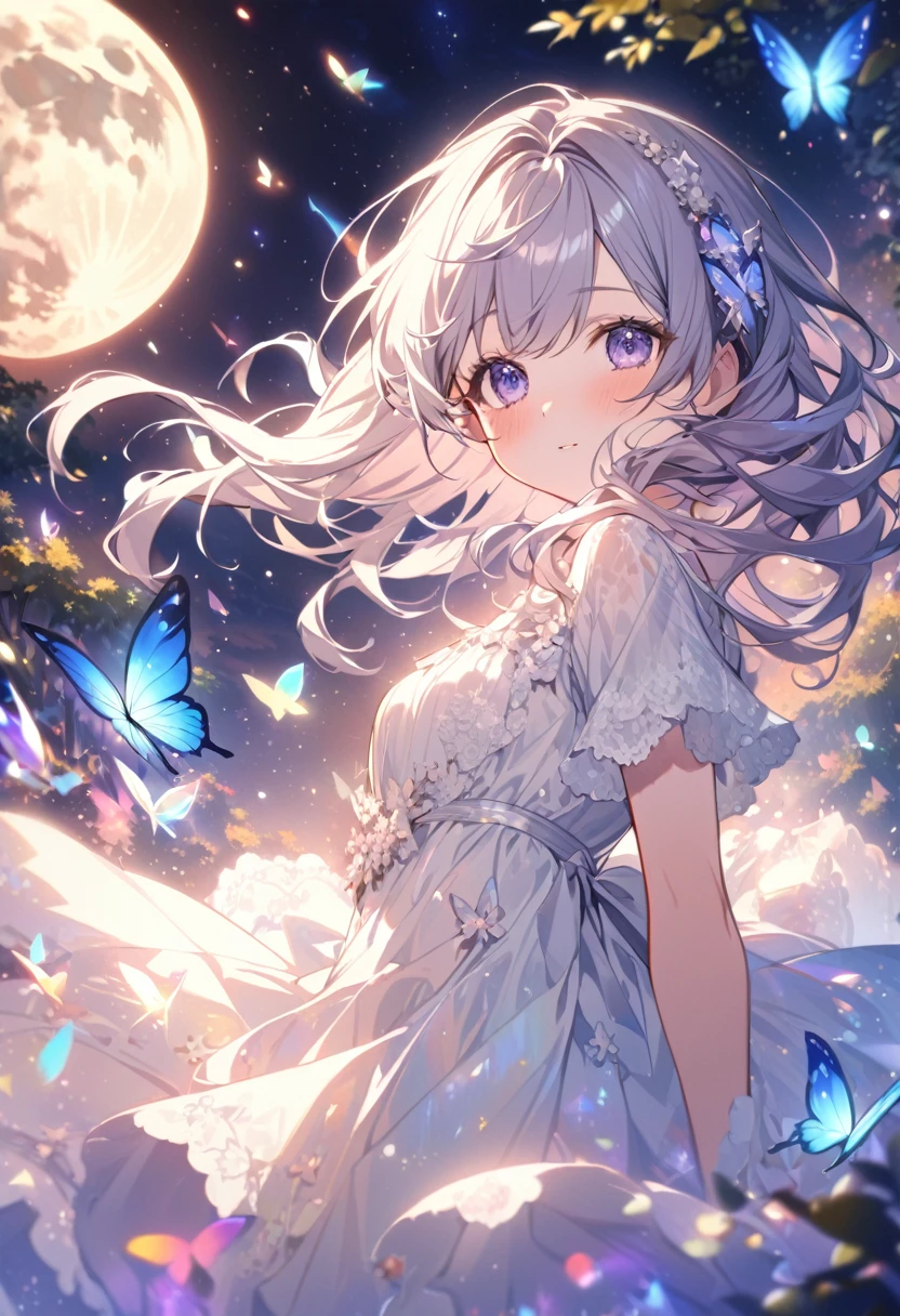 Attention to detail, Super Detail, Ultra-high resolution, A girl having a good time in a dream galaxy, Full moon behind the girl, The warm light that shines on her, In the background is a forest with a starry sky with colorful galaxies and galactic clouds, Colorful butterflies flutter around her, Delicate face, Add a playful and dreamy atmosphere , 