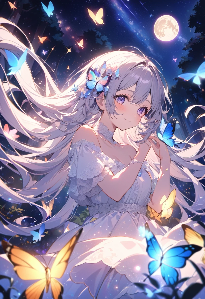 Attention to detail, Super Detail, Ultra-high resolution, A girl having a good time in a dream galaxy, Full moon behind the girl, The warm light that shines on her, In the background is a forest with a starry sky with colorful galaxies and galactic clouds, Colorful butterflies flutter around her, Delicate face, Add a playful and dreamy atmosphere ,