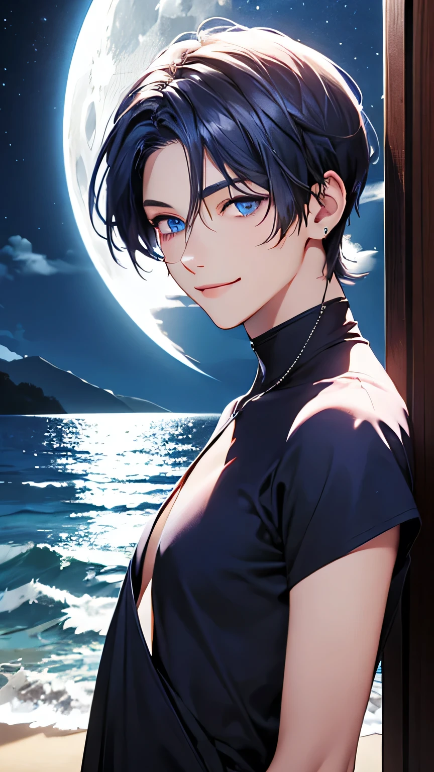 highest quality、Realistic、male、zoom、Cobalt blue eyes、maroon short hair、Silver Bikini、slender、Dark Skin、Ocean、Moonlit Night、An inappropriate smile、Bust Shot、