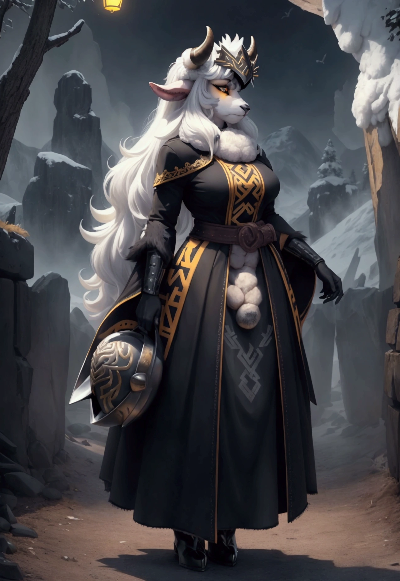 Furry Lamb, Furry, "Black Face", Yellow Eyes, Black Body Fur, Black Nose, Long Round Horns, Straight White Hair, Spiky Hairstyle, ((Excessive Long Hair to Waist 1,2)), Full Body, Fur detailed body, ((Man:2,2)) detailed body, detailed eyes, shiny body, shiny body, magnificent body, ((Sheep face))masterpiece, ((Viking but discreet helmet:1,2)), burly body, score_9, score_8_up, score_7_up, source_cartoon, source_furry, bright yellows, from above, motion blur, panoramic view, nordic clothing. fur coat with white fur trim, ((Nordic clothing:2,2)) sheep eyes, white eyelashes, white eyelashes, sheep eyes, long black horns. corpulent. ((Dark Landscape:2,2))