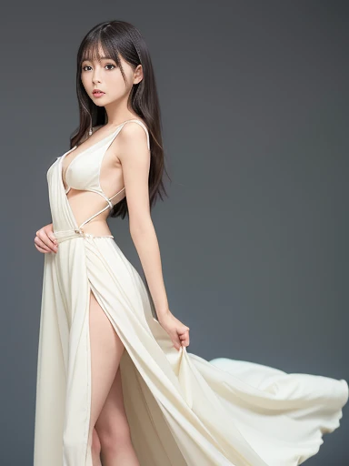 Japanese female, a lot of details, (underweight), detailed black hair, beautiful detailed hair, super fucking beautiful, delicate beautiful face, complex details beautiful and delicate eyes, perfect hands, (flat chest best quality:1.5), perfect and delicate limbs, detailed skin, best quality, ultra-detailed,(cheerful grin:1.5),(fashion show), (large audience), walking, semi long, (Fashion Model:1.1), (Cream colored loose silk long dress), dreamy atmosphere, full body shot, ground-level shot, backlighting, underlighting