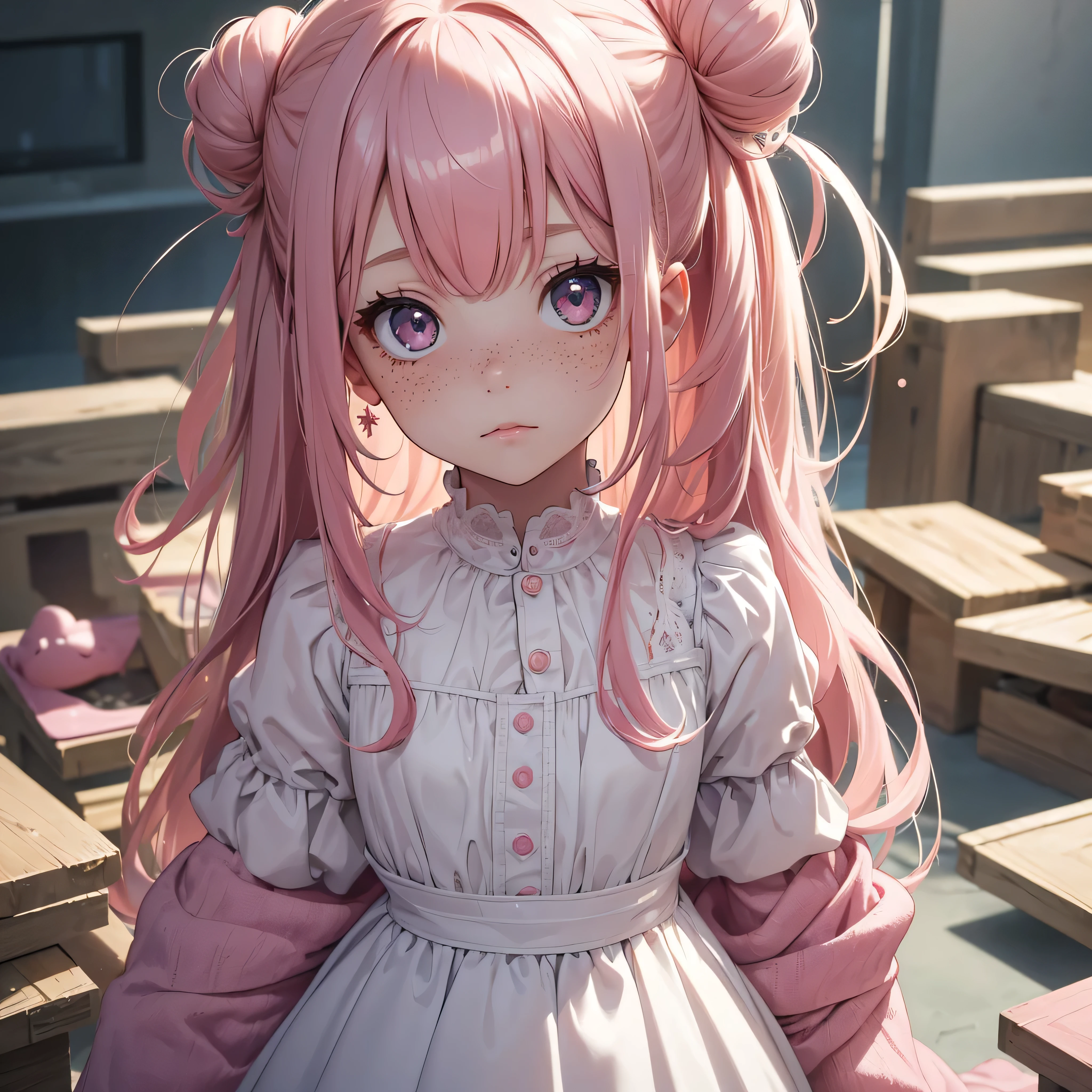 (8K, Best Quality, Masterpiece, Ultra High Resolution) 1Girl, , , Cute Eyes, Face Details, Freckles, Pink Hair, Long Hair, Hair Buns, Hazel Eyes, Pale Skin, Dainty, Cute, Dress, Daycare, Best Quality, Upper Body, Looking at the Viewer, Facing Viewer, Close Up