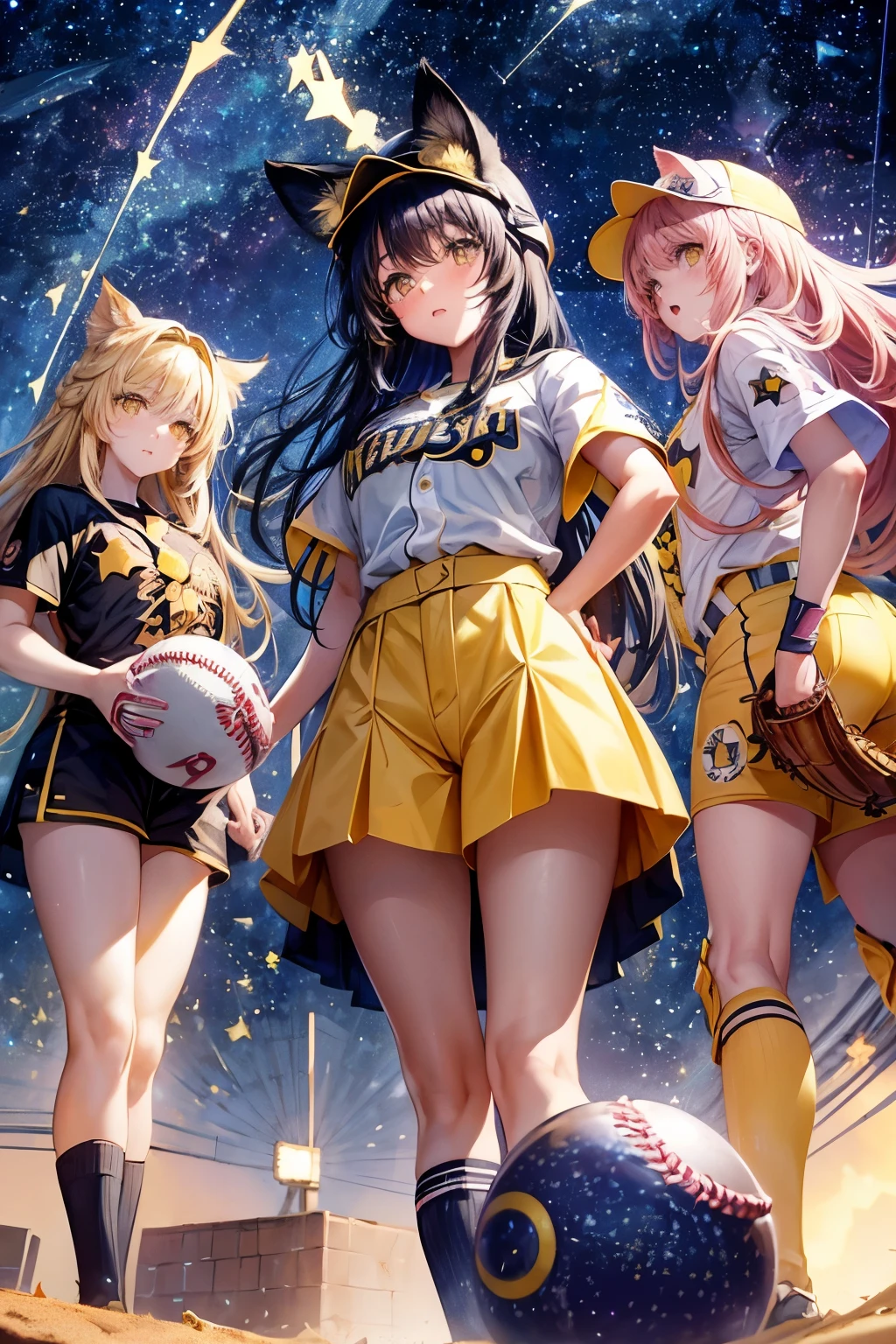 Three Girls, Long Hair, High resolution, Blushing, Open your mouth, Animal ears, Cat ear, Pink eyes, (Baseball uniform:1.3), (Yellow helmet:1.3),(Hold ball:1.3),
(Starry Sky:1.6),Masterpiece, (From below:1.4)