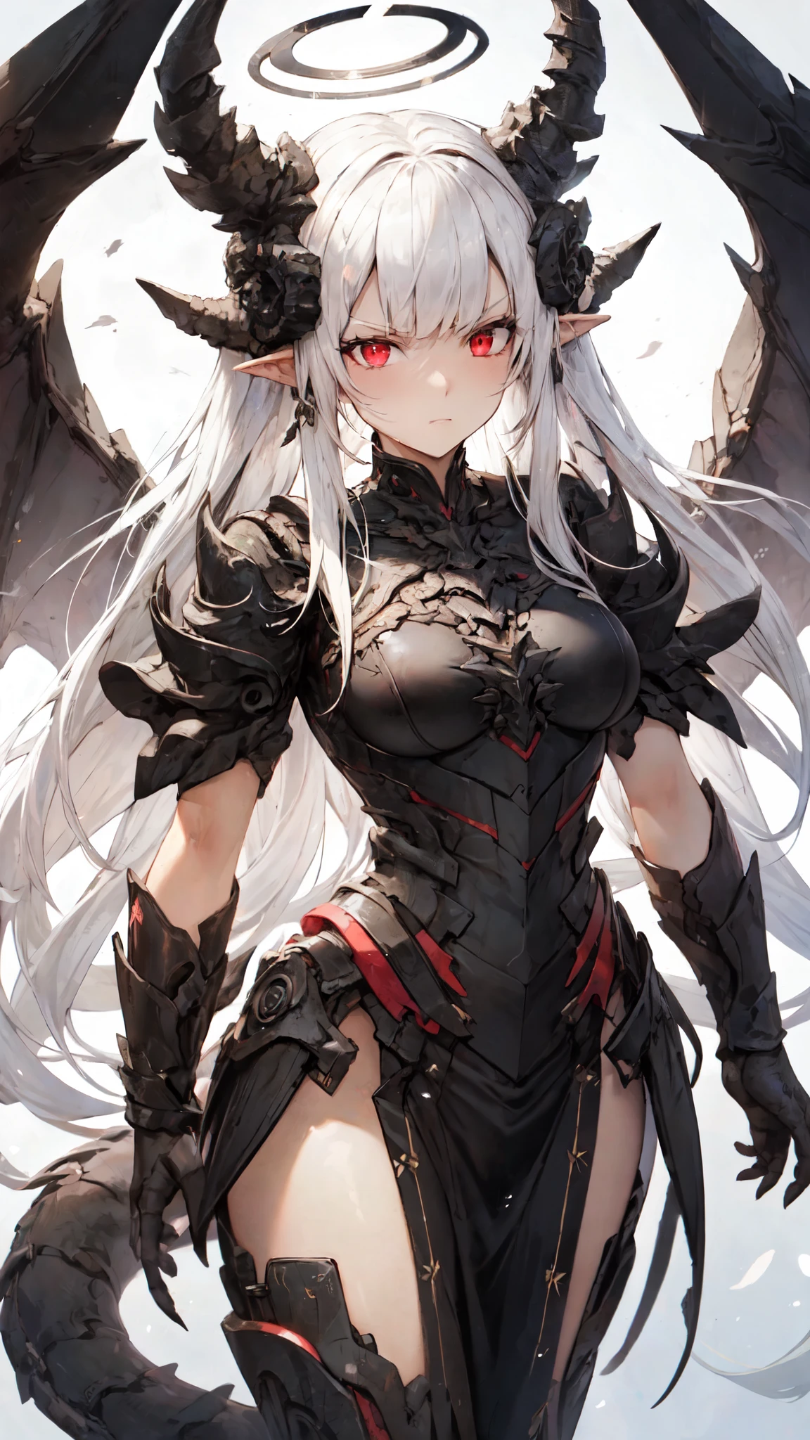 master piece, best quality, ultra detailed, ultra hires, 8K, A female knight in an armored dress, Black halo above head, black goat horns on head, black dragon tail growing, large black wings on back, White hair in an updo hairstyle with blunt bangs, long hair, disgruntled expression, red eyes, narrowed eyes, slightly pointed ears, Athletic, toned body, medium breasts
