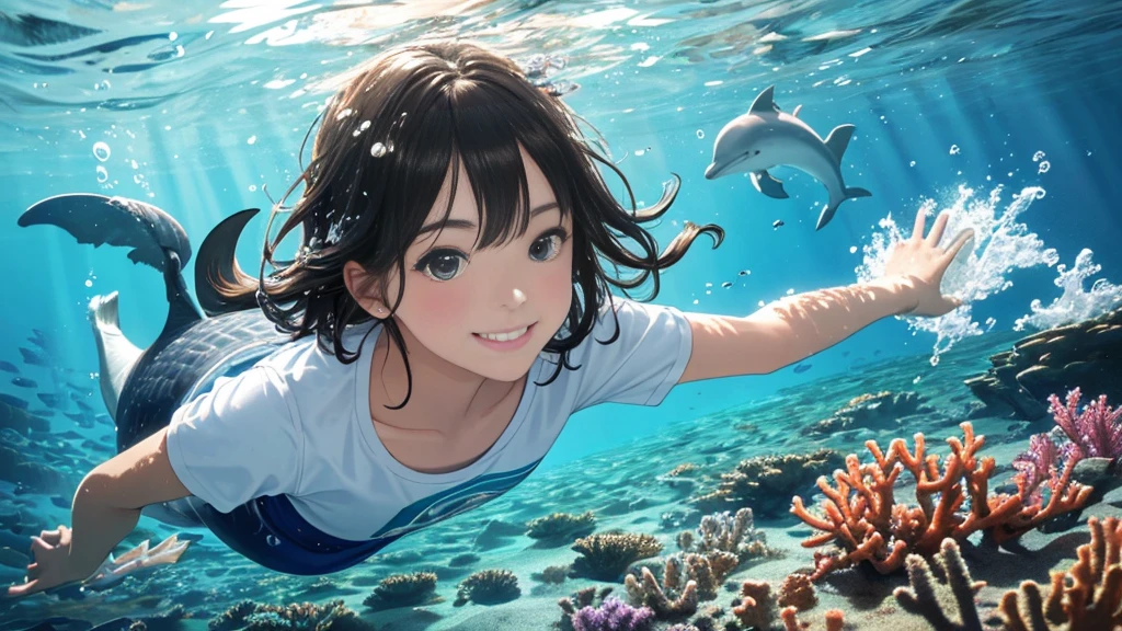 {best quality}, {very aesthetic}, {ultra-detailed}, {8k}, {Super elaborate face}, {Super-smart body}, {best illustration}, swim under the sea, (In the water), A woman playing with a dolphin on the ocean floor in midsummer, Ocean floor at dusk, smile, Super-detailed dolphin, 夕日が刺し込むIn the water, T-Shirts, Sand on the seabed, Soft Light, Coral Reef, full body view, flat chest,