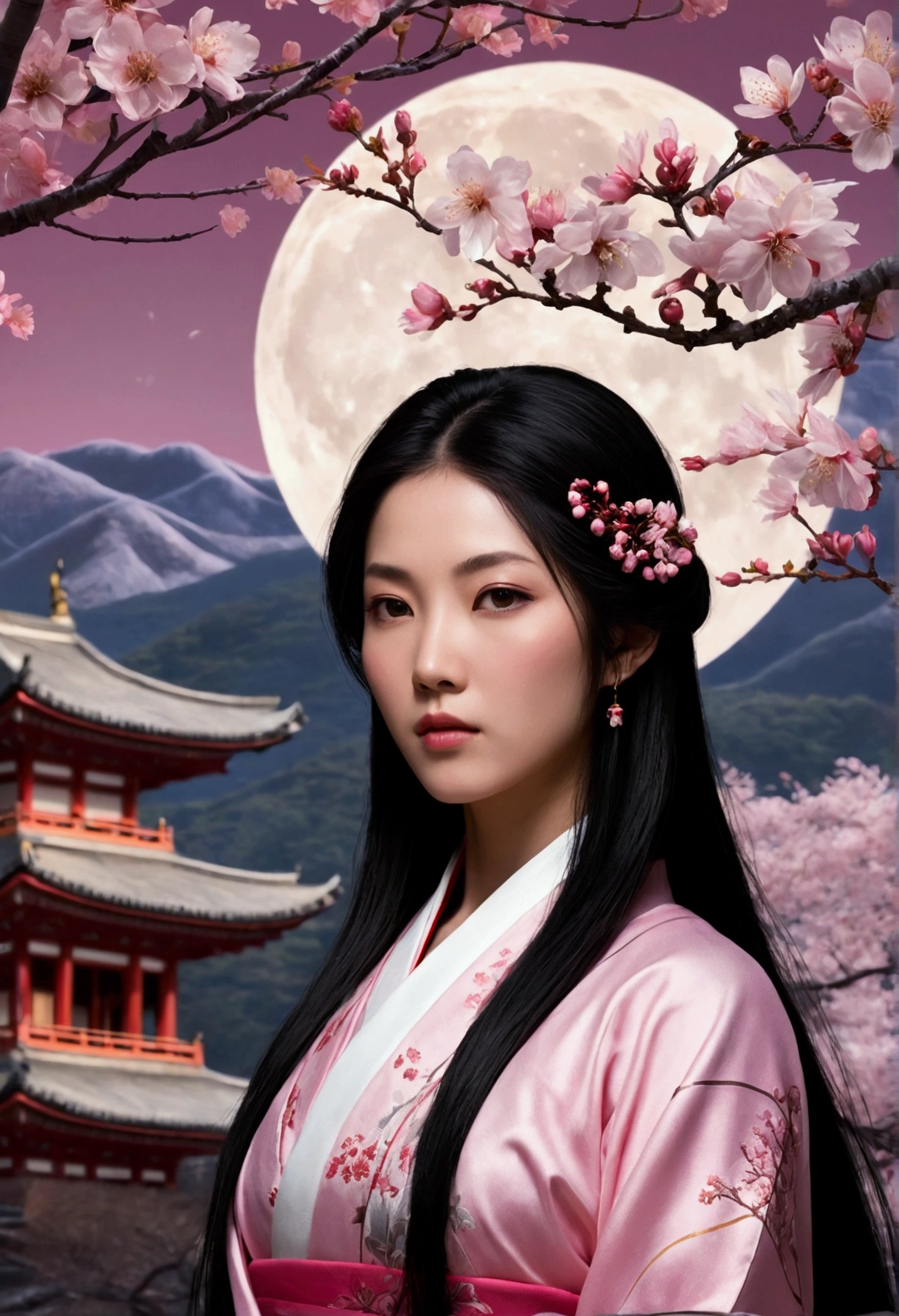 master part, best qualityer, natta, moutain, fullmoon, long black hair, Woman, PiriLampo, stele, Mysterious cherry blossom trees, pink leafs, high qualiy, Gorgeous graphics, high détail