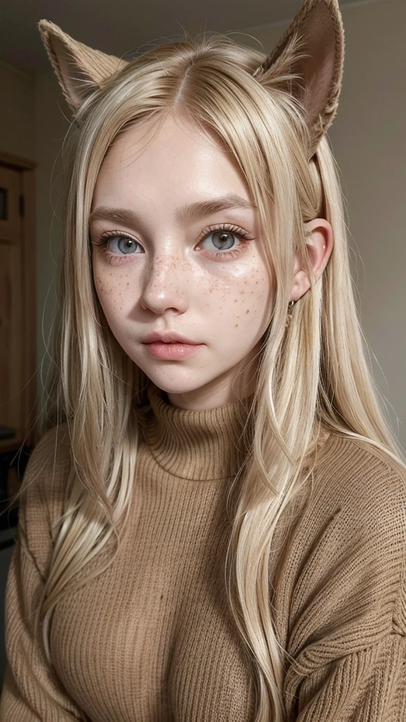 Woman, long dark blonde hair, pale anemic skin, freckles on the nose, brown eyes, slightly big ears, and I'm normally stressed but friendly, I have a sullen face (even though it's my normal face) medium breasts, wearing a sweater, eyes brown.
