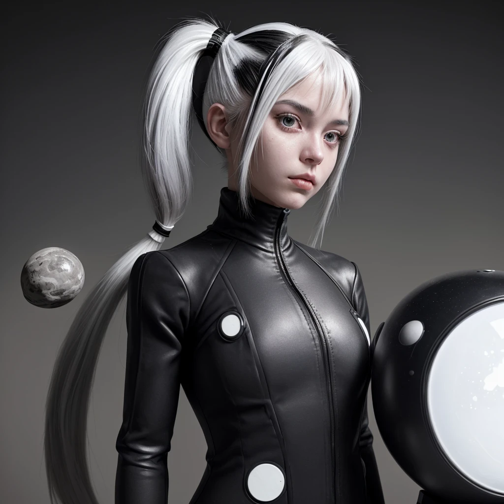 black and white hair girl, with pigtail, scale style suit, heading to earth from an in-universe perspective