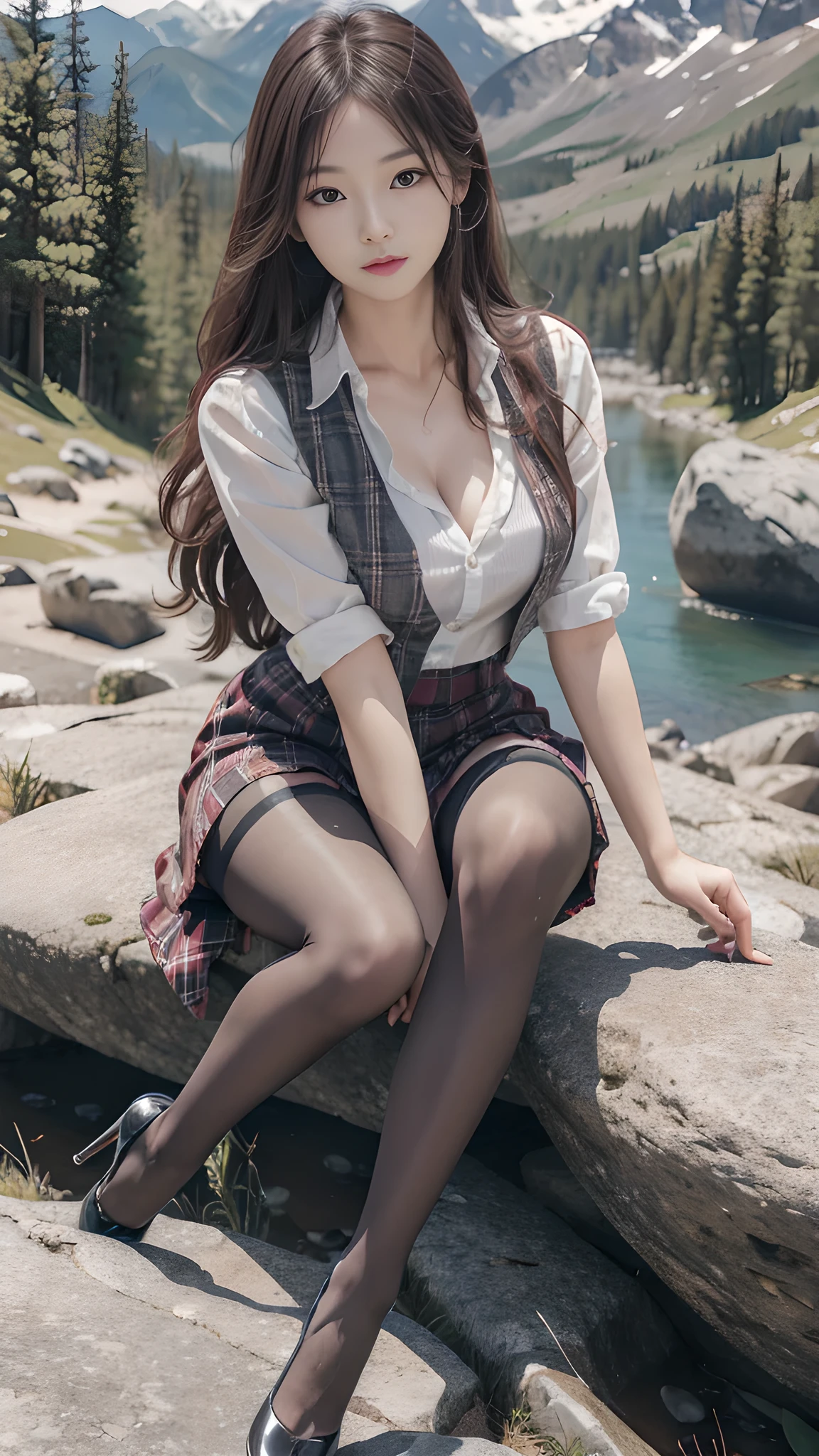 ulzzang-6500-v1.3, (RAW Photos:1.2), (Photorealistic), (Genuine:1.4), １girl、Perfect Anatomy、20 years old、Looking at the camera、Medium Long Hair、Plaid vest、skirt, ((in the mountains, plant, sitting position, Leaning against the rocks))、(Ultra-realistic pantyhose:1.2), (High heels)、(Business services)、Asian Eyes Ella,