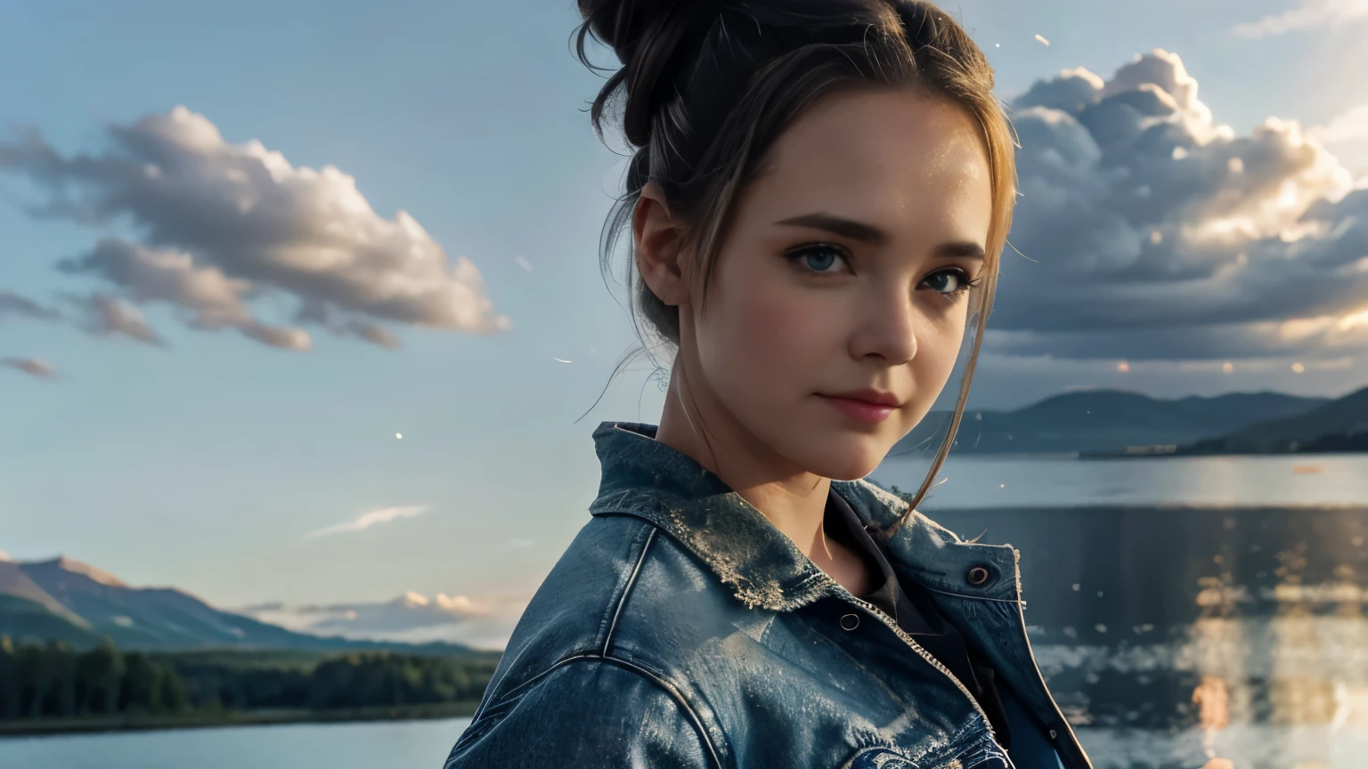 melissa sue anderson, 30 years old, denim jacket, leather skirt, bun hairstyle, another world in the sky, hands behind the back, lake background, shooting star, watching the camera, closeup, close-up, iridescent clouds