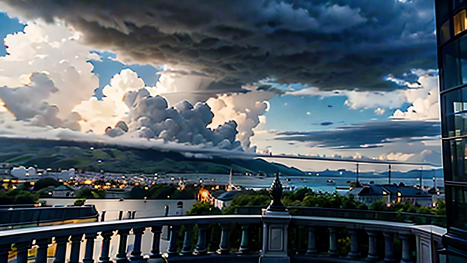 Make the field of view a white balcony with a Gothic and Victorian style railing overlooking the vast garden and the 17th century OLD town in the background and in the distance, The weather must be gray and cloudy, with rays and orange vegetation around. DETAIL LIKE AN RPG AND THE WEATHER MUST BE CLOUDY AND GRAY SKY