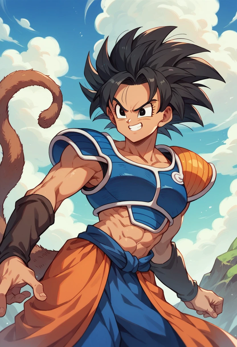 image of a beautiful woman, with black eyes, long black hair, smiling (dragon ball style) with sayayin armor with shoulder pads, blue color with a dark brown monkey tail and sporty body, Whole body, anime style, in the background a rocky area with blue sky