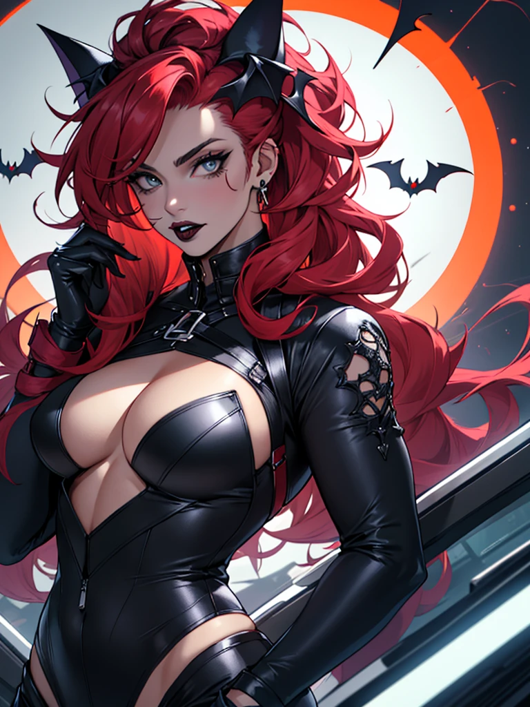 Hole body, Futuristic drag queen clothing ideas, futuristic goth, tan lattin skin, ultra detailed, poisonous, long curly red hair, future goth, future vampire, future halloween