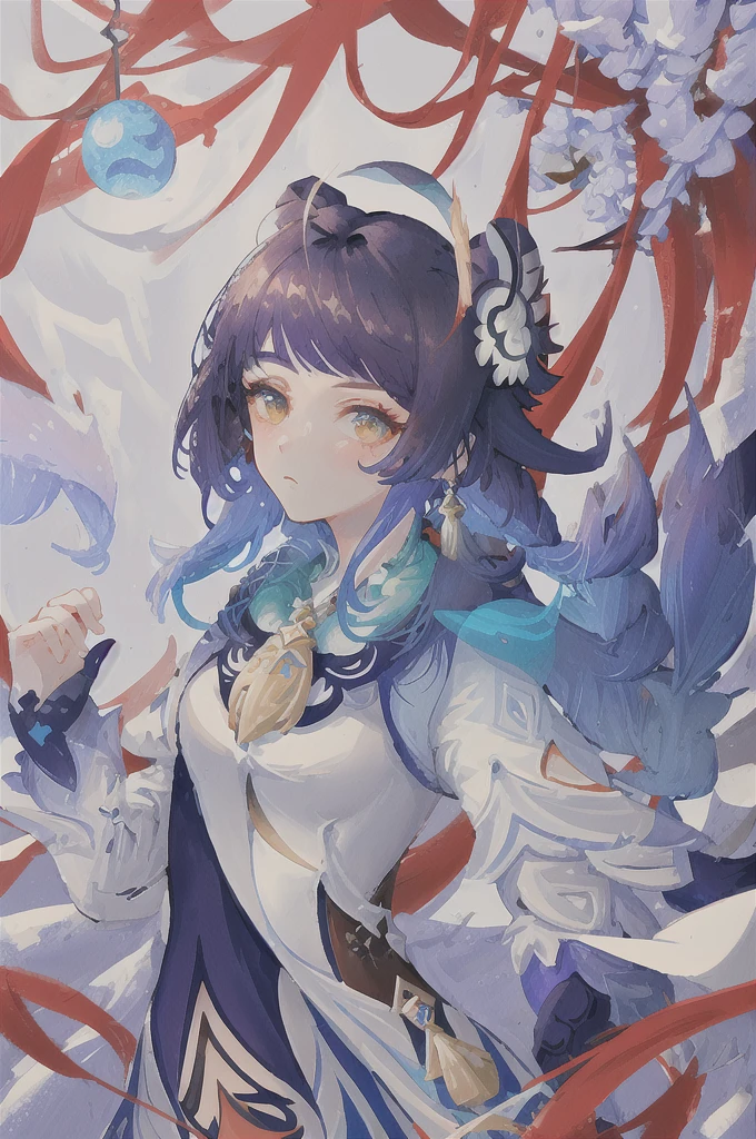 masterpiece, best quality, ultra-detailed, illustration, close-up, straight on, face focus, 1girl, dark hair, serene expression, looking at viewer, (yelan \(genshin impact\):1.4), white jacket, tassel