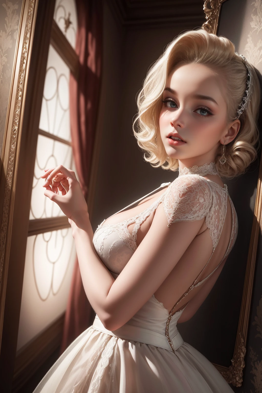 (Masterpiece - Ultra-Detailed, High Resolution) Prepare to be enchanted by a true masterpiece that combines ultra-detailed art with high-resolution rendering. This work shows a mesmerizing woman, with short, light blonde hair, 1950s style, Marilyn Monroe (1.3) and captivating (brown eyes) (1.2),(brown eyes) New York illustration style, wearing red lipstick, emanating an aura of elegance and mystery. Wearing victorian classic 1950s clothing. sexy. Intricate details and realistic textures invite you to explore every aspect of this enchanting composition. Transparent white dress. reading, writing, lying, standing, on your back, dynamic poses. Get ready to dive into a world where beauty and craftsmanship merge perfectly.