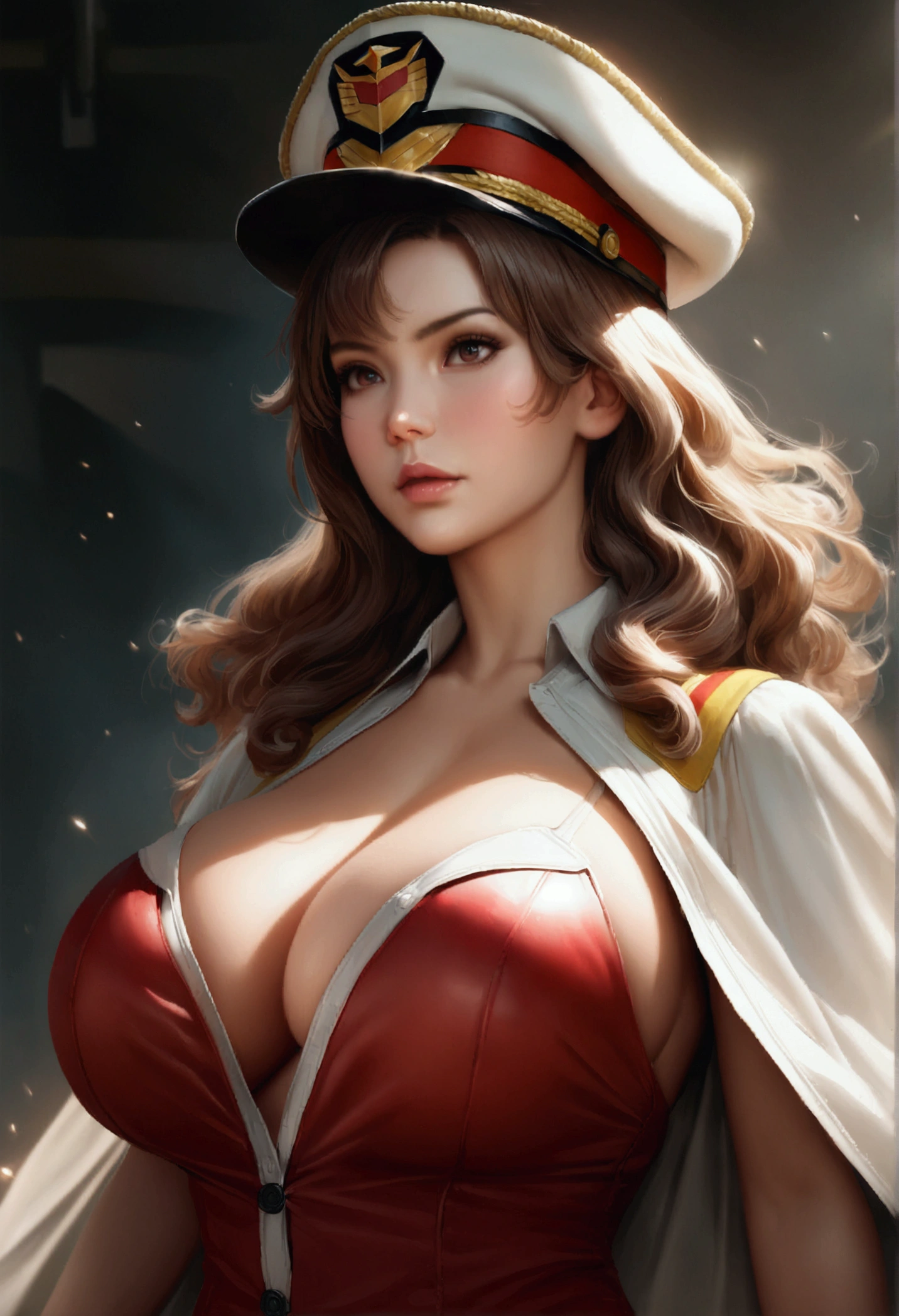1girl, Murrue Ramius, gundam, wearing white open shirt, navy captain hat, huge breasts covered, realistic, photorealistic, photorealistic: 1.37, 8k, very detail, masterpiece, intricate detail, surreal, sharp focus, studio lighting, volumetric lighting, dynamic pose, dramatic lighting, cinematic lighting, dramatic atmosphere, elegance , graceful, enchanting, enchanting, amazing, beautiful