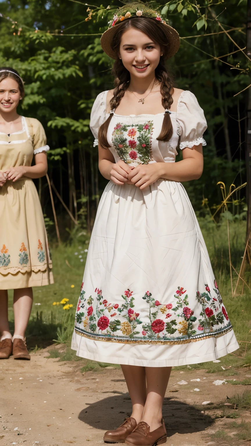 front view, stand on grass, looking at viewer, female 20 years-old, (brown hair ,double braid, smile), flower crown, slime body, traditional German costumes from the 1930s. (The women are wearing embroidered Dirndls, which include a close-fitting bodice with a low neckline, a blouse worn under the bodice), (Black wide high-waisted skirt, An ankle-length skirt ), (White apron, flower arrange embroidered apron), tradition shoes, The setting is a rural village during a festival, with people engaging in traditional activities and celebrating their heritage .textured skin , HI detailed skin, (foreshortening, Canon, 8K, anatomically correct, super detail, high details, highness)