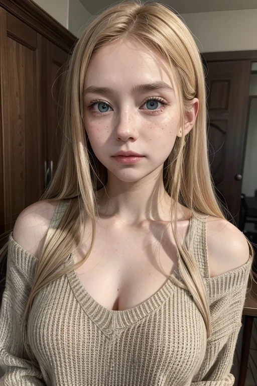 Woman, long dark blonde hair, pale anemic skin, freckles on the nose, brown eyes, slightly big ears, and I'm normally stressed but friendly, I have a sullen face (even though it's my normal face) medium breasts, wearing a sweater, eyes brown.