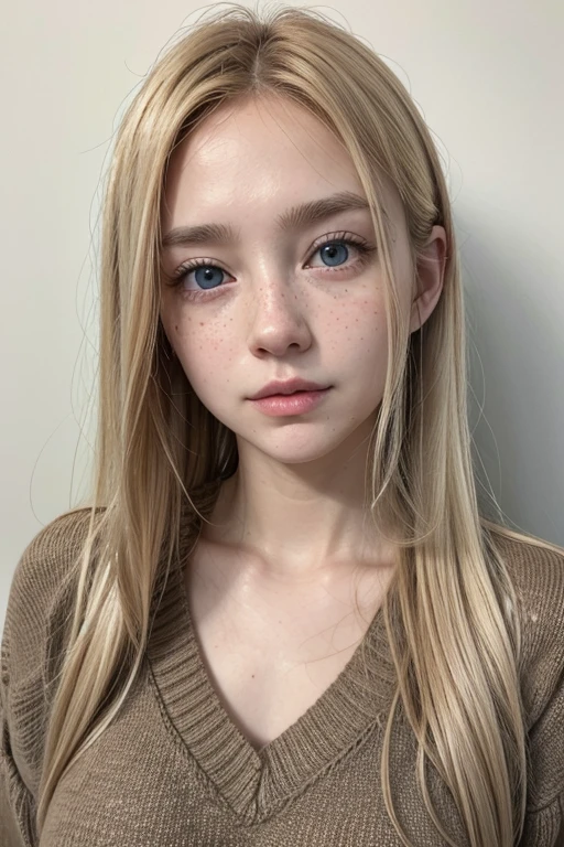 Woman, long dark blonde hair, pale anemic skin, freckles on the nose, brown eyes, slightly big ears, and I'm normally stressed but friendly, I have a sullen face (even though it's my normal face) medium breasts, wearing a sweater, eyes brown.