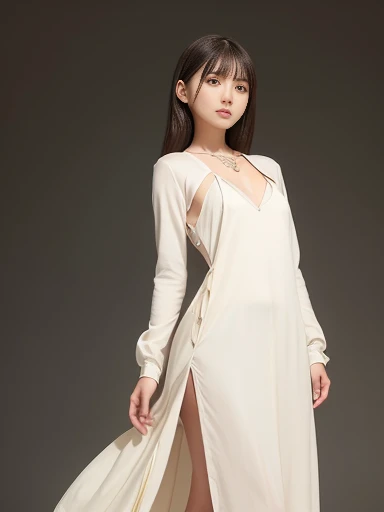 
Japanese female, a lot of details, (underweight), detailed black hair, beautiful detailed hair, super  beautiful, delicate beautiful face, complex details beautiful and delicate eyes, perfect hands, (flat chest best quality:1.5), perfect and delicate limbs, detailed skin, best quality, ultra-detailed, (fashion show:1.3),(runway:1.2),Fashion Model, hopeful, walking, wavy hair, (Cream colored loose silk long dress), (classic academia), full body shot, from front, low angle shot, underlighting, soft lighting
