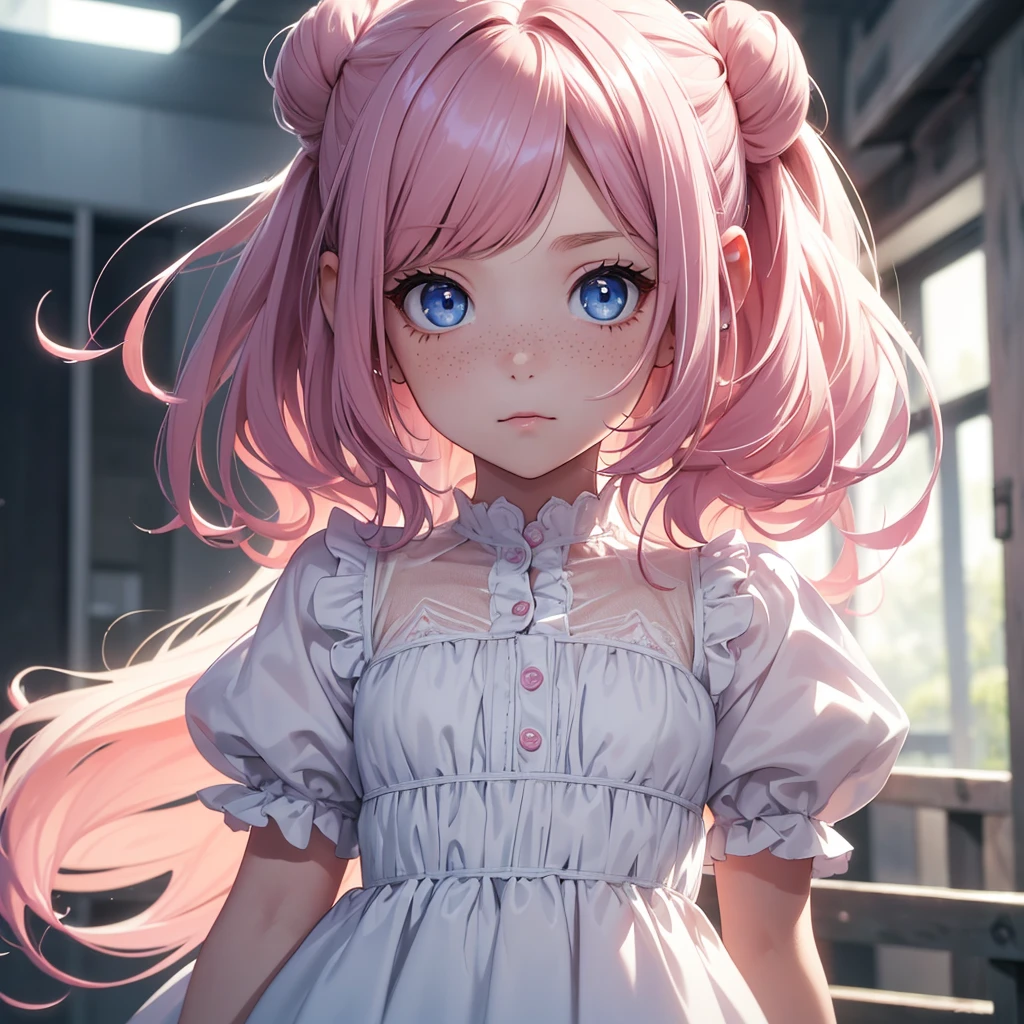 (8K, Best Quality, Masterpiece, Ultra High Resolution) 1Girl, , 6 Years Old, Cute Eyes, Face Details, Freckles, Pink Hair, Long Hair, Hair Buns, Blue Eyes, Pale Skin, Dainty, Cute, Dress, Daycare, Best Quality, Upper Body, Looking at the Viewer, Facing Viewer, Close Up