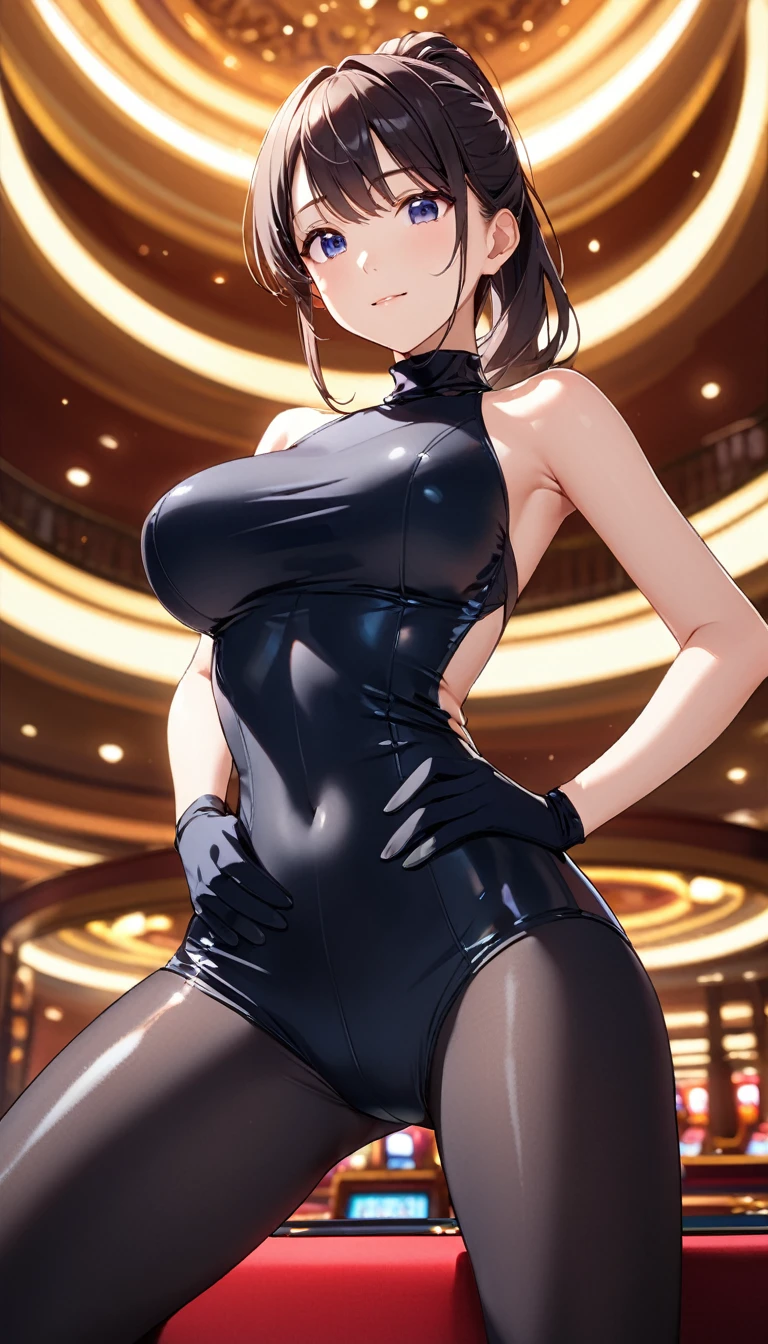 高いquality illustration, masterpiece, Very delicate and beautiful, Attractive girl,(Shiny black swimsuit、turtleneck、Black knee socks、Black gloves),thin,Slender body,slim、casino、casinoの背景,Princess, Beautiful Eyes,A light smile,(masterpiece, Highest quality:1.2), High resolution, Very detailed CG ユニティ 8k 壁紙, Perfect lighting, colorful, 超High resolution,4K,Very detailed, photograph, 8k, High resolutionolution, Armpits Put your hands on your hips Big Breasts ponytail Spread your legs Close-up of the crotch from directly below